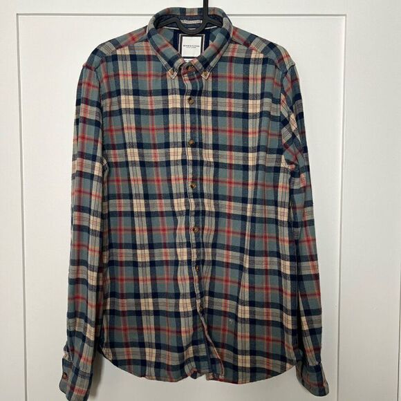 Denim & Flower Mens Shirt Large Flannel Button Down Plaid Long Sleeve Blue Red - Picture 1 of 12
